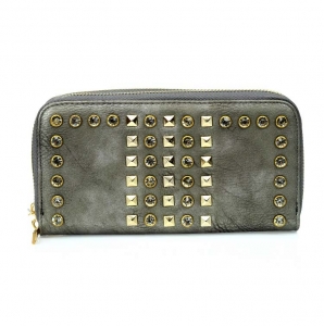 Modern Double Zipper Entry Wallet w/ Stud And Rhinestone Accent